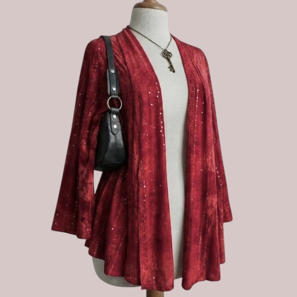 Red Sequin Open Front Cardigan Plus Size Vintage 2x Boho Indie